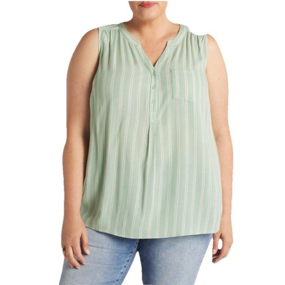 Market & Spruce Prat Sleeveless Henley Blouse 2x Green Striped Layering - Picture 1 of 7